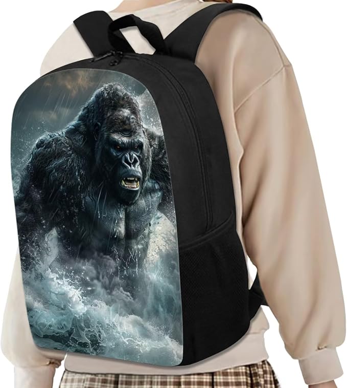 17 Inch Animal Print School Backpack And Lunch Box Set for Kids Lightweight Stormy Sea Gorilla Backpack for Boys Girls Sturdy School Bag with Insulated Lunchbox Pencil Case Student Bookbag - Image 2