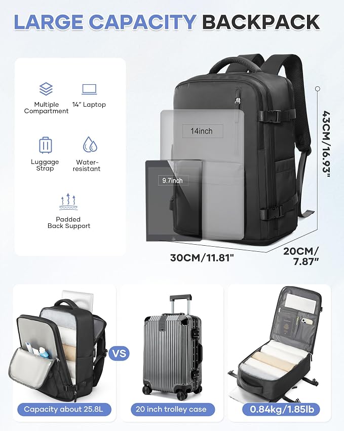 Large Carry on Travel Backpack Women Men,Hiking Gym Waterproof Outdoor Sports Rucksack Casual Daypack Laptop Backpack Personal item Travel Bag Airplane Essentials Spirit Airline Flight Approved,Black - Image 5