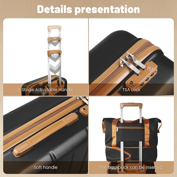 3-Piece Luggage Set with Carry On Luggage Set 22x14x9 Airline Approved, ABS Hardside Suitcase with 8 Spinner Wheels & TSA Lock, Expandable Suitcase for Men & Women (20/TB/DB Black) - Image 4