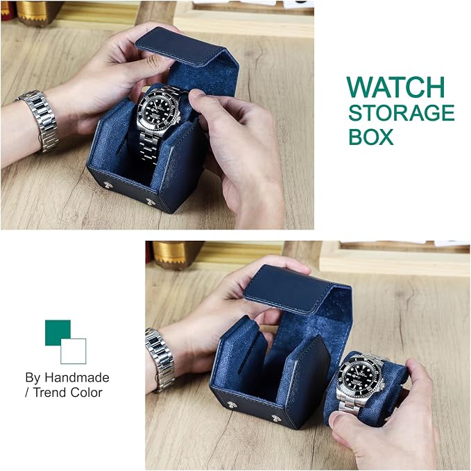 Hiram Handmade Leather Saffiano Leather Watch Roll Travel Case, Leather 1-Watches Roll Case for Treasured Watches and Bracelets(Blue) - Image 3