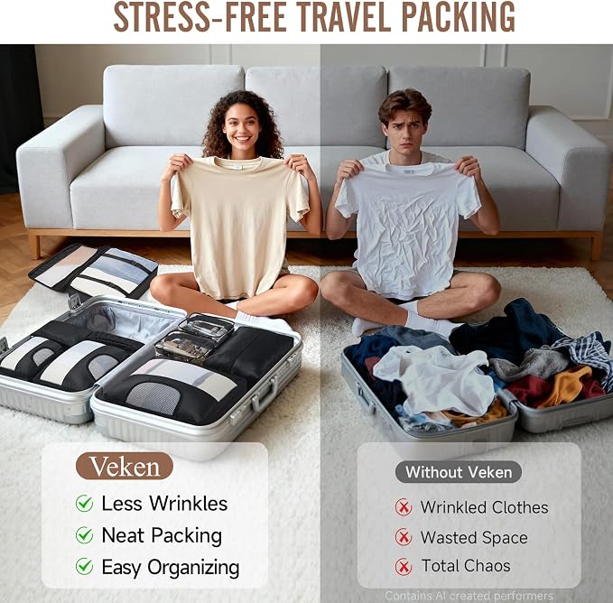 Veken 11 Set Packing Cubes for Travel,Anti-Wrinkle Buckled Suitcase Organizer with Shoe,Toiletry,Makeup Bag,Carry On Luggage Bag with 99+ Count Mesh Holes for Airplane & College Dorm Essentials - Image 7
