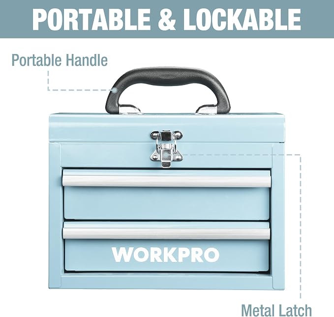 WORKPRO Portable Mini Metal Tool Box with 2 Drawers | Metal Tool Chest, Ball Bearing Slides, Top Storage, Latch Handle, PVC Drawer Liners, PP Feet Pads - Image 3