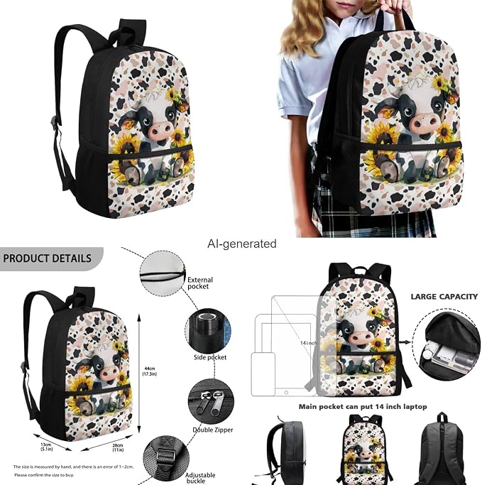 Leopard Cow Boys Backpacks Ages 6-8 with Lunch Box Large Capacity School Bags for Boy with Lunch Bag Cute Pencil Cases for Elementary School Middle School - Image 3