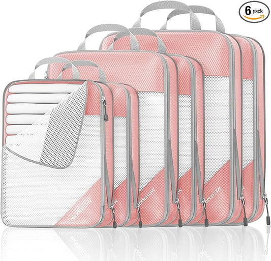NICOSHOW Compression Packing Cubes 6 Set, Compressible Space-Saving Packing Cubes for Travel - Compression Bags, Luggage Organizer, Travel Essentials for Women, Pink by NICOSHOW