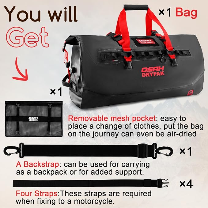 OSAH DRYPAK Waterproof Duffel Bag 25L/40L/60L – Heavy-Duty Motorcycle Tail Bag, Roll-Top Dry Bag for Travel, Camping, Boating, Kayaking, Outdoor Adventure - Image 8
