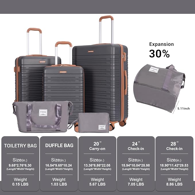 Amalodie Luggage Sets 5 Piece,Suitcases with Double Spinner Wheels,Hardcase 3 set Luggage with TSA Lock and Waterproof Travel Duffle Bag - Image 2