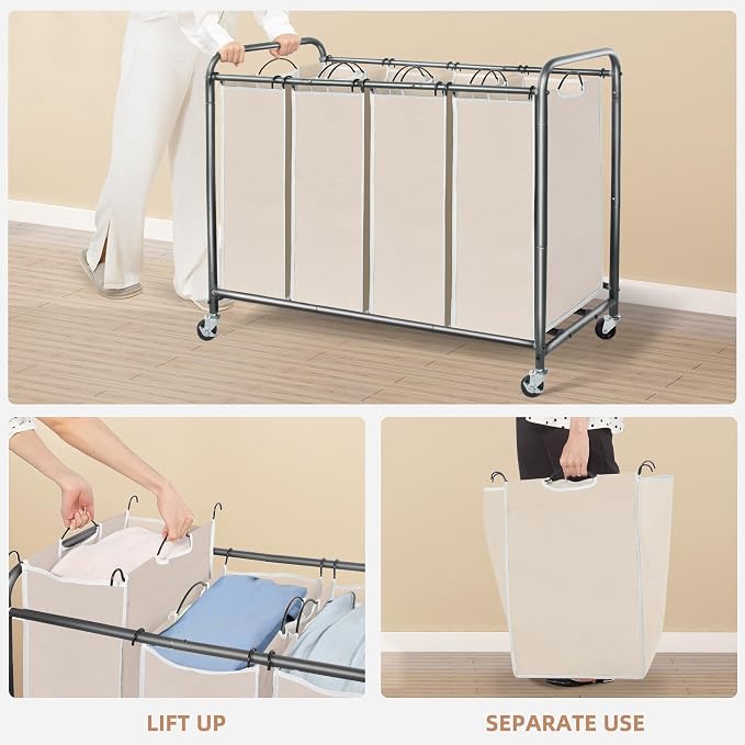 STORAGE MANIAC Laundry Sorter 4 Section, 47.5 Gal (180 L) Laundry Hamper with Wheels, Clothes Divider Basket Sorter, Separator Hamper Cart with Removable Bags, Beige - Image 4