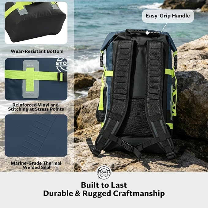 STOVER 30L Waterproof Dry Backpack & Phone Case - X-Large Floating Dry Bag for Kayaking, Travel, Hiking, Fishing, Camping, Motorcycles & Beach, Heavy-Duty Roll Top Men/Women (Navy Blue/Black/Green) - Image 5