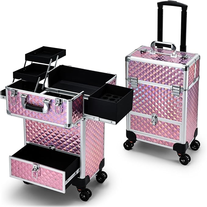 Rolling Makeup Case with Drawer Cosmetology Case on Wheels Makeup Trolley Sliding Drawer Makeup Travel Case for Esthetician, Mobile Stylist, Manicurist Barber Case Traveling Cart Trunk Glitter Pink by Hododou