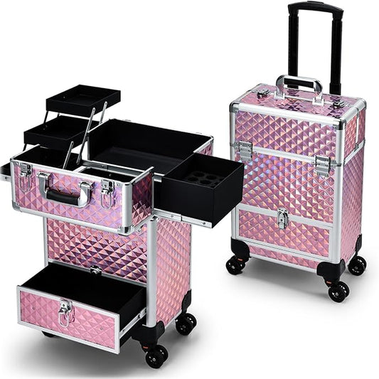 Rolling Makeup Case with Drawer Cosmetology Case on Wheels Makeup Trolley Sliding Drawer Makeup Travel Case for Esthetician, Mobile Stylist, Manicurist Barber Case Traveling Cart Trunk Glitter Pink by Hododou