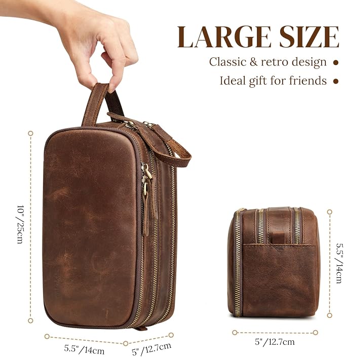 S-ZONE Leather Travel Toiletry Bag for Men Women Cosmetic Shaving Bags | Vintage Top Grain Leather, Multi Compartments, Bronze Hardware, Compact Dopp Kit - Image 5