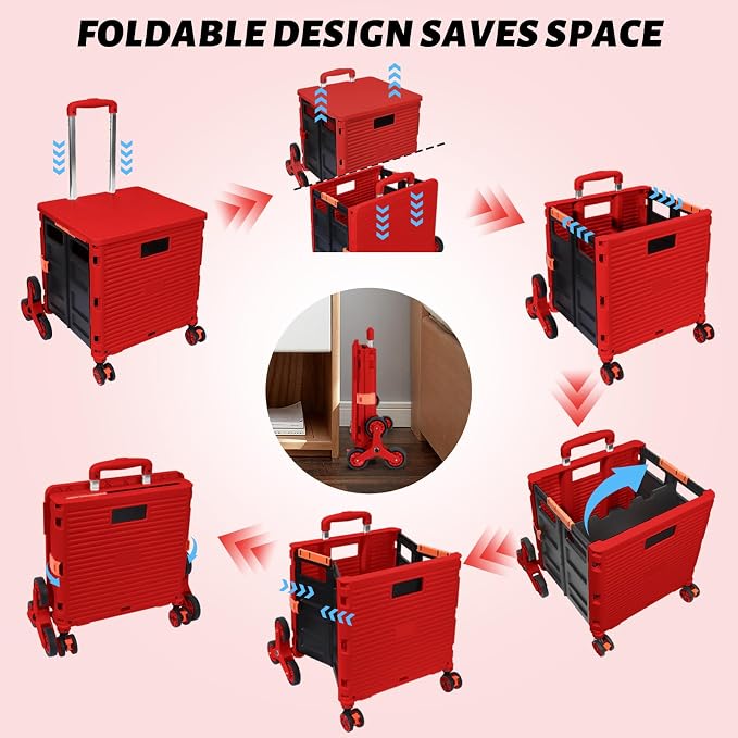FELICON SELORSS Folding Utility Climber Cart Portable Rolling Crate-Red | Stair Climbing Wheels+360°Swivel Wheels,Telescoping Handle,Plastic Box Dolly for Travel Shop Move Laundry Office Teacher Use - Image 4