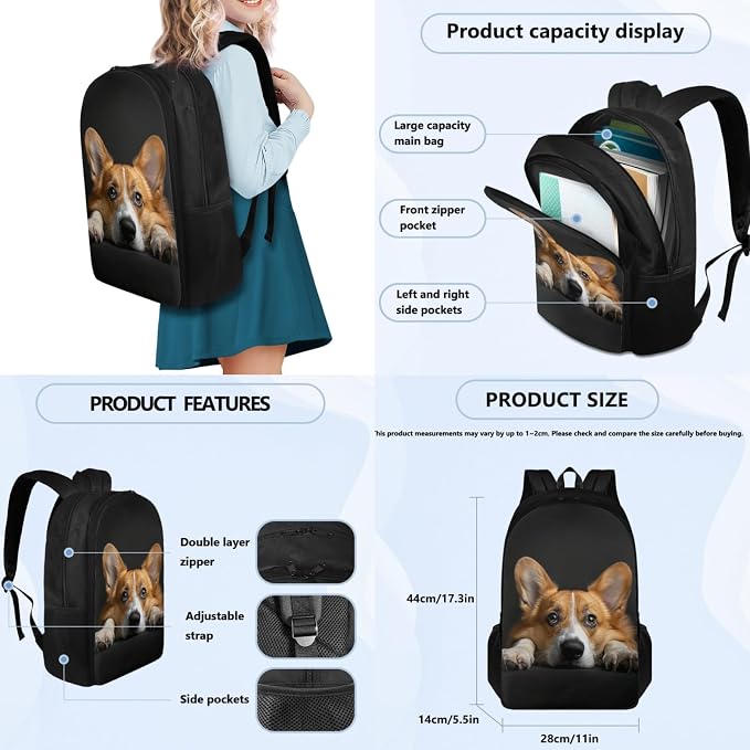 Coloranimal Cute Corgi Backpack Set School Backpack for Boys Girls Mini Cooler Warm Lunch Bag Zipper Around Pencil Bag Book Bag Rucksack Back to School Gifts - Image 2