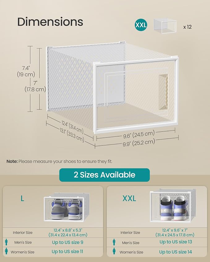 SONGMICS Shoe Boxes, Pack of 12 Shoe Storage Organizers, Stackable Clear Plastic Boxes for Closet, Sneakers, 13.1 x 9.9 x 7.4 Inches, Transparent and White ULSP12MWT - Image 5