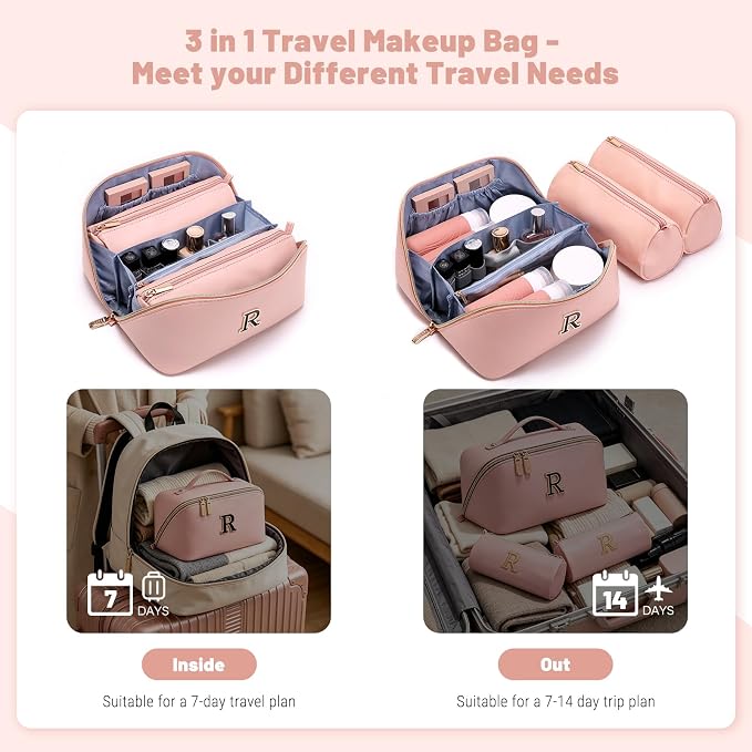 BOYATU Makeup Bag Gift for Women: 3-in-1 Travel Personalized Cosmetic Bag | Initial Make up Bag - Monogram A-Z - Vegan Leather Flat Open Toiletry Organizer - Ideal Gift Set for Birthday Graduation - Image 5