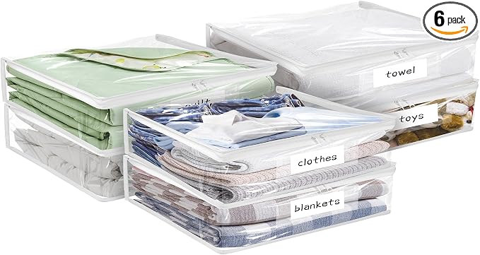 Plastic Storage Bags with Easy-Glide Zipper, Pack of 6, Durable Clear Vinyl Zippered Storage Bags for Clothes Sweaters Comforters Blankets Sheets Bedding (10.5 x 10.5 x 2.5 Inch, White) by Kikerike