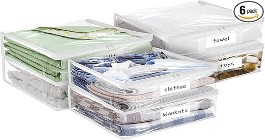Plastic Storage Bags with Easy-Glide Zipper, Pack of 6, Durable Clear Vinyl Zippered Storage Bags for Clothes Sweaters Comforters Blankets Sheets Bedding (10.5 x 10.5 x 2.5 Inch, White) by Kikerike