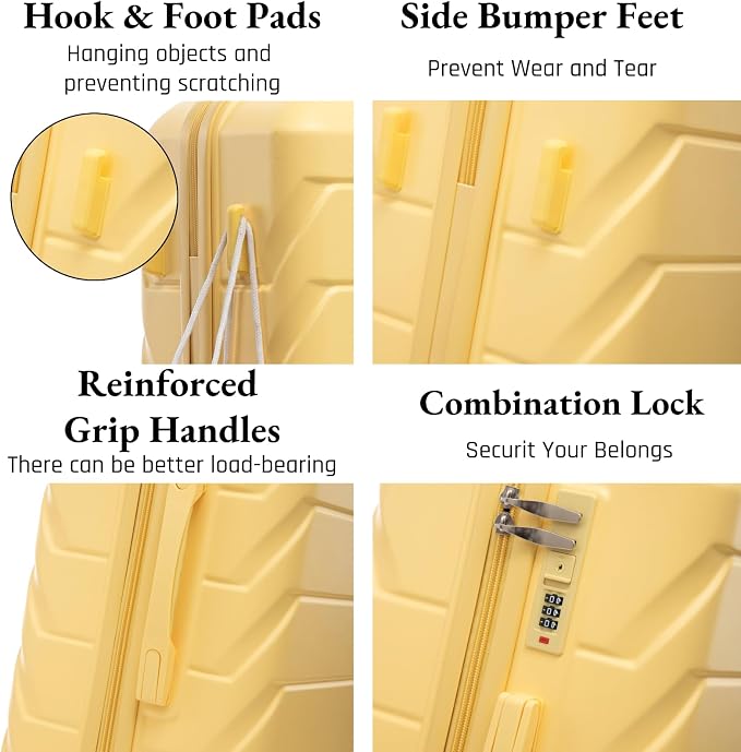 3-Piece ABS Spinner Luggage Set (20" 24" 28") with Combination Lock, Matching Hardshell Suitcases, Yellow - Image 3