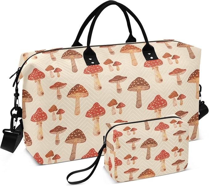 Weekender Bags Travel Duffel Gym Bag Mushrooms Retro Carry on Overnight Tote Bag with Toiletry Bag for Airplane Travel Trip Gym Yoga by senya