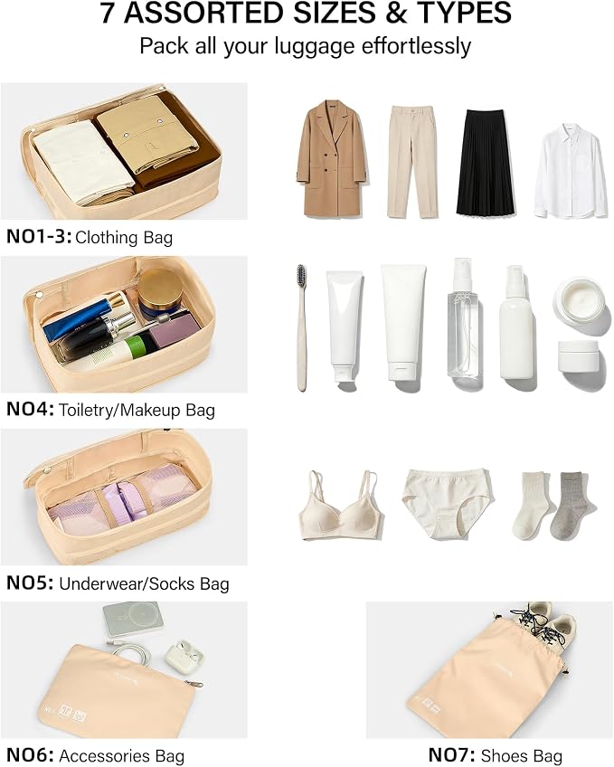 Hanke 7 Piece Expandable Compression Packing Cubes, Premium Travel Packing Organizers for Suitcases/Carry On, Luggage Organizer Bags with Breathable Mesh & Label,Off White - Image 5