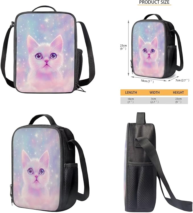 Aesthetic Galaxy Cat Backpack for School Girls Backpack with Lunch Box Water Bottle Bag and Soft Pencil Case 4PCS Set 17" Bookbag with Compartments Lightweight Elementary School Bag for Kids - Image 5