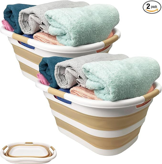 SAMMART 40L (10.5 gallon) Set of 2 Plastic Foldable Laundry Basket - Collapsible, Space Saving and Portable Laundry Hamper, Ideal for Home, Travel, Dorm, and Camping (2, White/Beige) by SAMMART