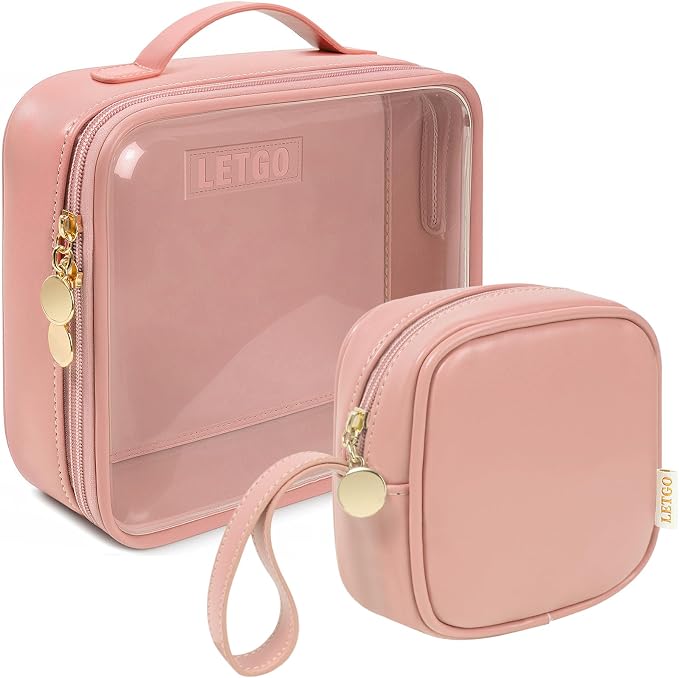 LETGO Travel Toiletry Bag for Women with Small Make Up Bag for Purse,Large Clear Toiletry Bag Lightweight Wide-open Travel Bag for Women, Cosmetic Makeup Bag Organizer (Handle-Pink, Large+Mini) by LETGO