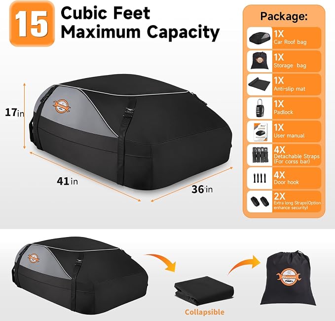 Sailnovo Rooftop Cargo Carrier Roof Bag,15 Cubic feet Soft Waterproof Car Roof Bag fit Cars with/Without Rack, 4 Tie-Down Straps, 4 Door Hooks, Foldable Car Top Carrier for Road Trip Camping Travel - Image 7
