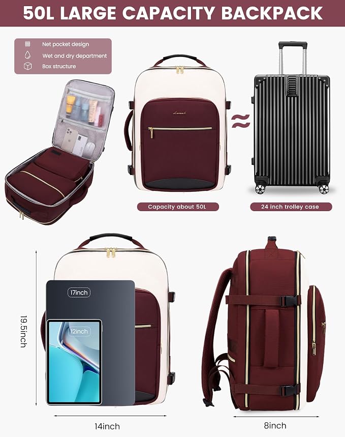 LOVEVOOK Large Travel Backpack for Women & Men, 40L Carry on Backpack for Airplanes, TSA Personal Item Travel Bag fits 17" Laptop, Waterproof Weekender Essentials Airline Approved with 3 Packing Cubes - Image 3