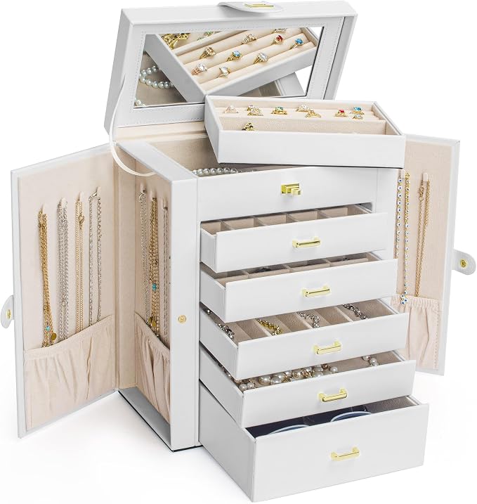 AKOZLIN 6-Tier Jewelry Box Organizer Functional 5 Drawers Leather Jewelry Storage Case for Women Girls Ring Necklace Earring Bracelet Holder Organizer with Mirror White Large - Image 2