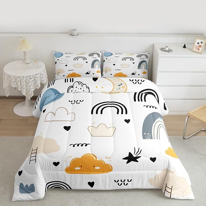 Erosebridal Cartoon Rainbow Comforter Set, Kids Kawaii Cartoon Sun Cloud Duvet Insert King, Love Heart Quilt for Boys Girls Children Teens, Hand Drawn Rainbow Bedding Set Soft Microfiber Comforter - Image 3