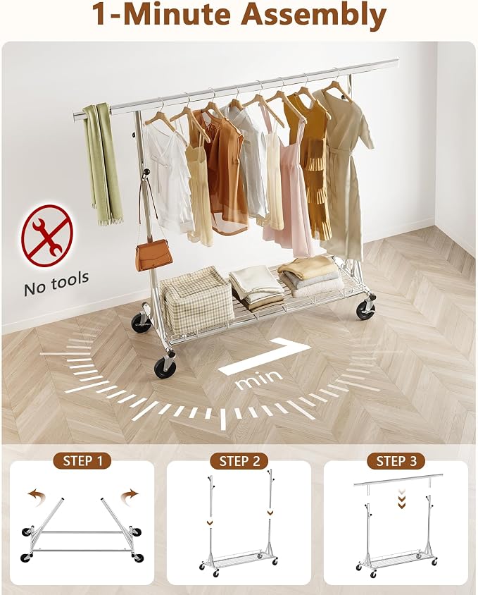 Hoctieon 1-Minute Assembly Clothes Rack, 480 lbs Heavy Duty Rolling Clothing Racks with Wheels, Foldable Garment Rack, Extendable Hanging Bar, Adjustable Metal Pole with Hooks, Chrome - Image 2