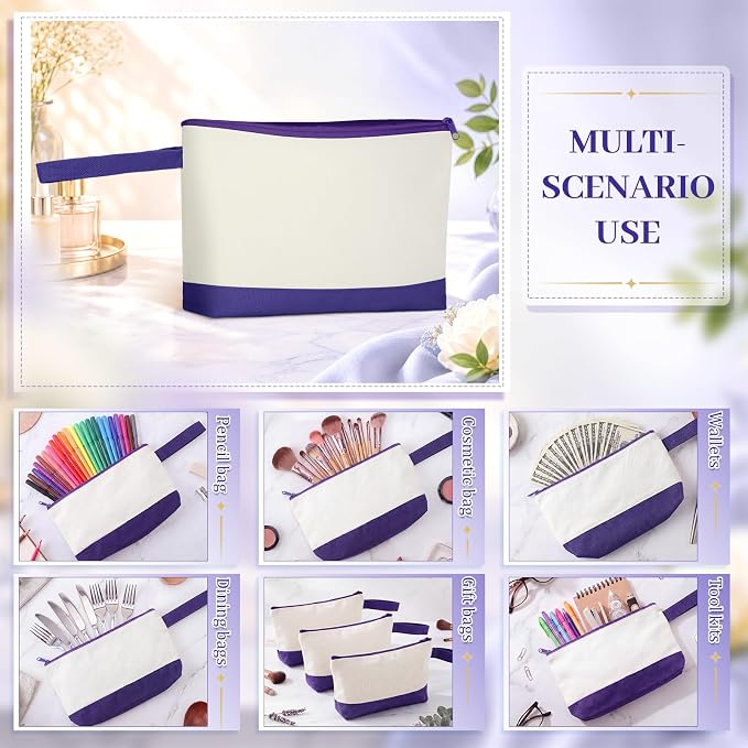 Silkfly 15 Pcs Cotton Canvas Makeup Bags Cosmetic Zipper Bags 10.2 x 5.5 x 2'' Blank DIY Pouch Bulk Pencil Case with Bottom Travel Toiletry Pouch for Women Craft Decor Gift (Beige and Purple) - Image 4