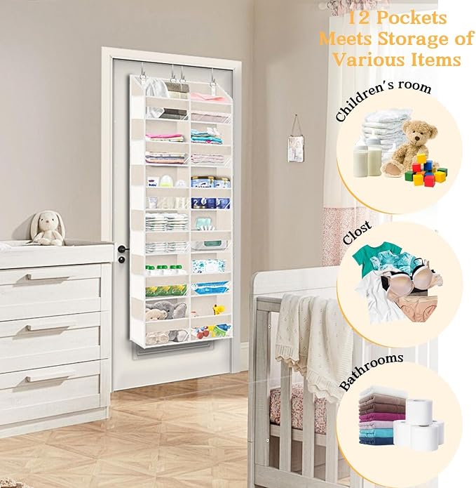 Ofiray-home Over the Door Organizer 6 Tiers, Extra Large Behind Door Storage of 12 Compartments,80 lbs Weight Capacity Hanging Storage Organizer with Clear Window Kids Toys, Shoes, Diapers,Beige - Image 6
