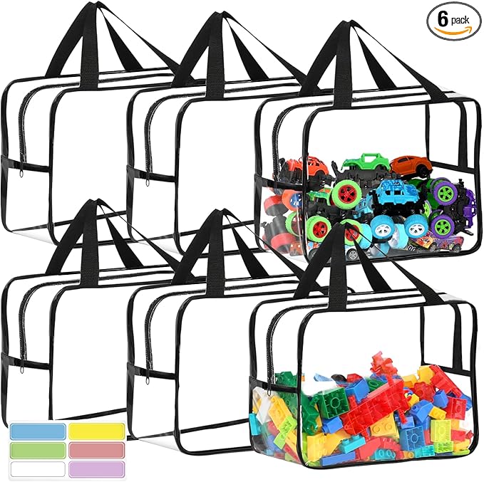 6 Packs Widen X-Large Toy Storage Bags 12.6×9.25×6.9In with Labels, Reusable Clear PVC Board Game Storage, Travel Waterproof Organizer Bags with Zipper for Building Blocks, Puzzle, Stuffed Animals by OPELETNNT