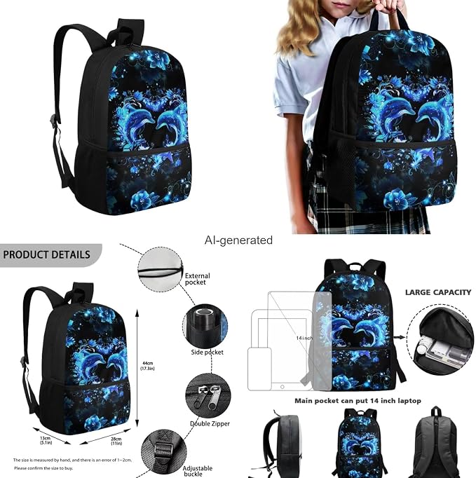 Dolphin Backpack for Girls Kids Backpack with Lunch Box Water Bottle Pouch and Aesthetic Pencil Case 4PCS Set Cute Bookbag with Front Pocket for School Teens 17 inch Large Capacity School Bag - Image 3
