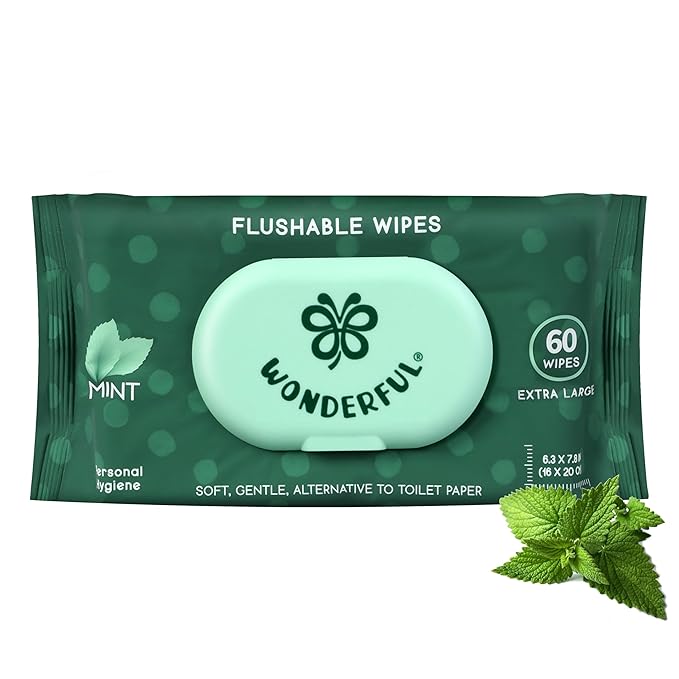 WONDERFUL Flushable Butt Wipes, Mint 100% Plant-Based Wet Wipes for Adults & Kids, Sewer & Septic Safe, Gentle for Sensitive Skin, Wipes Flushable Pack for Bathroom & Travel, 1-Pack (60 Wipes)