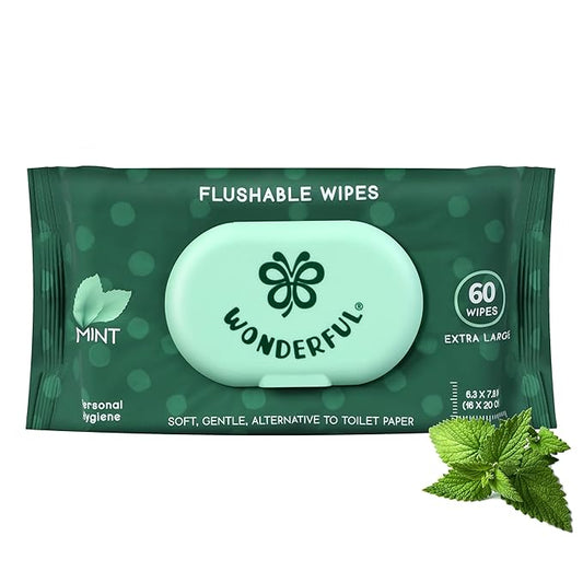 WONDERFUL Flushable Butt Wipes, Mint 100% Plant-Based Wet Wipes for Adults & Kids, Sewer & Septic Safe, Gentle for Sensitive Skin, Wipes Flushable Pack for Bathroom & Travel, 1-Pack (60 Wipes)