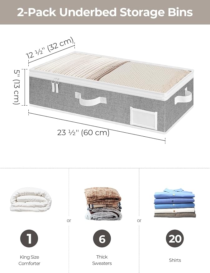 StorageWorks Under Bed Storage Containers with Handles and Label Holder, 2 Pack Ultra-thick Fabric Underbed Bins, Closet Organizer for Clothes, Blankets, Sweater - Image 2