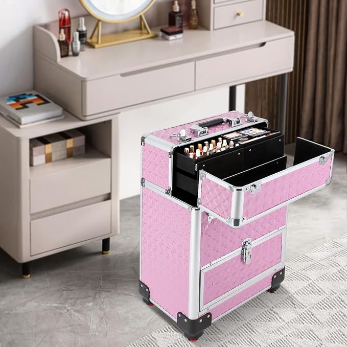 Rolling Makeup Case Cosmetic Train Cases 4 Tray with Sliding Rail Rolling Makeup Cart Cosmetic Trolley 3 Tier Travel Case Salon Barber Case for Makeup Tattooist Nail Tech Hairstylists - Image 3