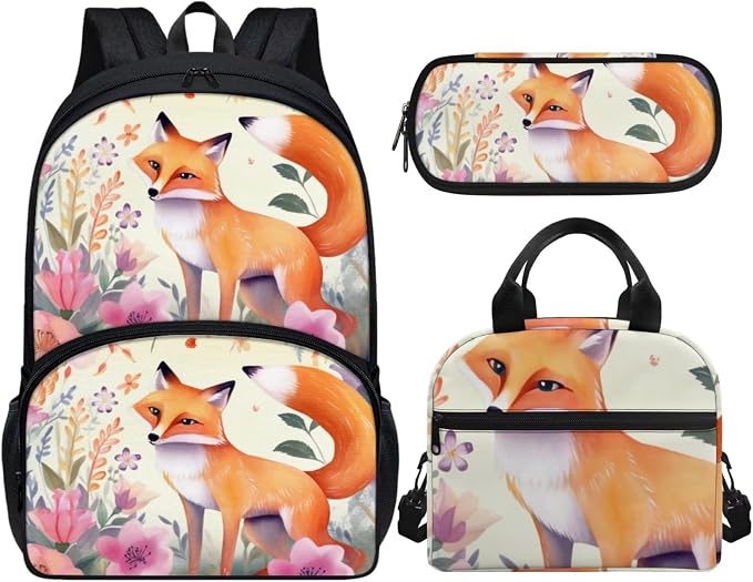 Cartoon Illustration Style Floral Fox Backpack with Lunch Box and Pencil Case Girls Comfy Padded Cute School Backpack Set of 3 Bookbag for Student Lightweight Large Capacity Daypack - Image 2