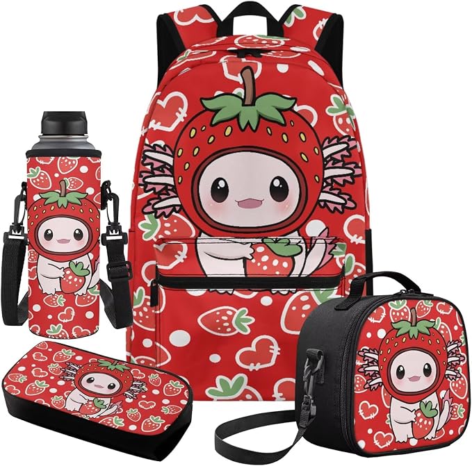 Axolotl Kids Backpack with Lunch Box for Girls Set of 4 School Bags for Girls 7-10 10-12 Strawberry Cute Elementary School Backpack for Travel Hiking Gym Small Daypack Purse - Image 2