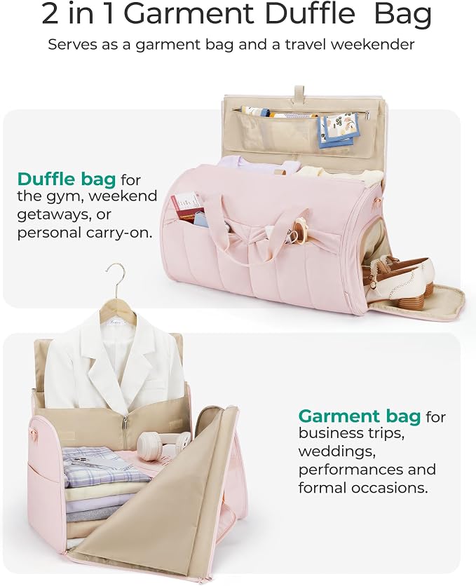BAGSMART Garment Duffel Bag, Convertible 2-in-1 Puffy Water-Resistant Carry-On with Shoe Compartment, Light Pink - Image 3