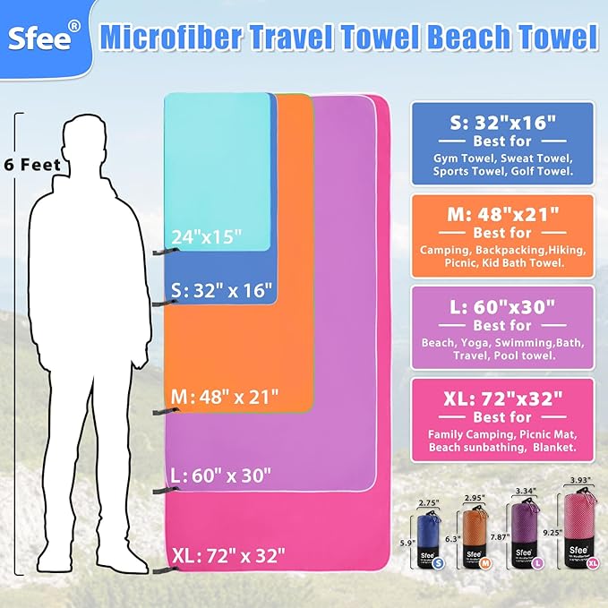 Sfee 2 Pack Microfiber Travel Towel, Quick Dry Towel Camping Towel Super Absorbent Compact Lightweight Sports Swim Gym Beach Towels Set for Gym, Hiking, Pool, Backpacking, Bath, Yoga - Image 6