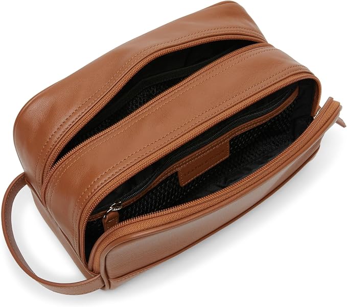 Leatherology Cognac Leather Toiletry Bag – Small Double Zip Dopp Kit – Full Grain Leather Travel Organizer with Water-Resistant Lining – Compact Grooming Bag for Men or Women - Image 4