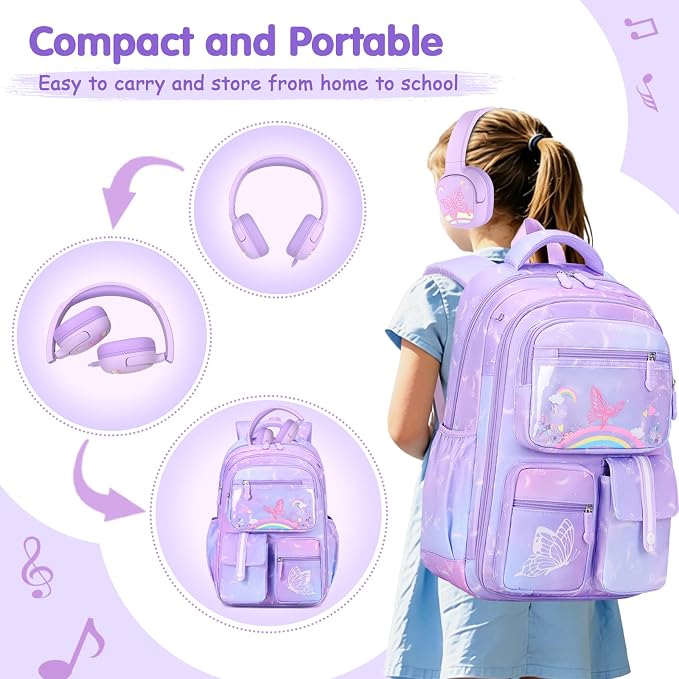 ACESAK Kids Backpack for Girls, Rainbow Backpack Set with Over-ear headphones, Lunch Bag Set for School, Girls Backpack for Elementary Middle school Teen Student(Purple) - Image 5