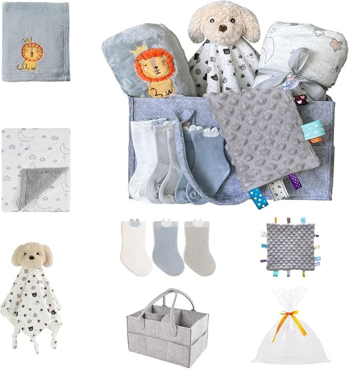 CREVENT Gift Set for Newborns -Diaper Caddy Organizer Basket with 2 Blankets, 1 Taggie, 1 Lovey, 3 Socks，1 Gift Bag with Ribbon - Welcome Essential Baby Shower (Neutral by CREVENT