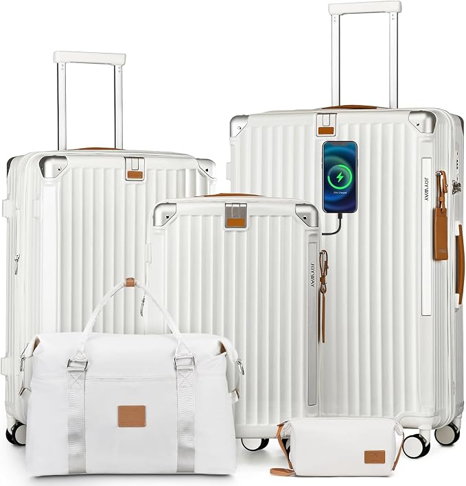 Joyway 5 Piece Luggage Set with Cup Holder, Expandable 25% Capacity, Includes Handbag, Anti Slip Wheels, Hook, Smart Carry On Suitcase for Men and Women, Spinner Travel White by Joyway