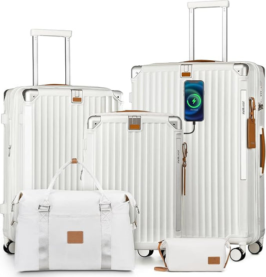 Joyway 5 Piece Luggage Set with Cup Holder, Expandable 25% Capacity, Includes Handbag, Anti Slip Wheels, Hook, Smart Carry On Suitcase for Men and Women, Spinner Travel White by Joyway