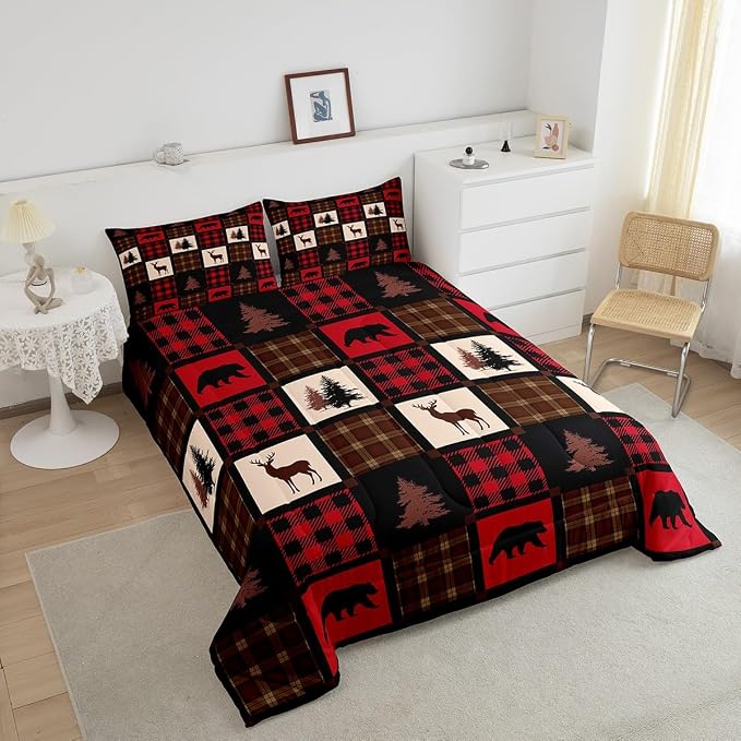 Rustic Deer Pattern Comforter Set Full,Elk Moose Bear Bedding Set for Farmhouse Decor,Buffalo Plaid Grid Down Comforter,Rustic Red Country Style Woodland Patchwork Quilted Comforter,2 Pillowcases - Image 4
